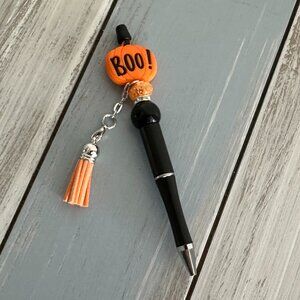 NEW Halloween Beaded Pen w Pumpkin Tassel Orange Rhinestone & Black Beads